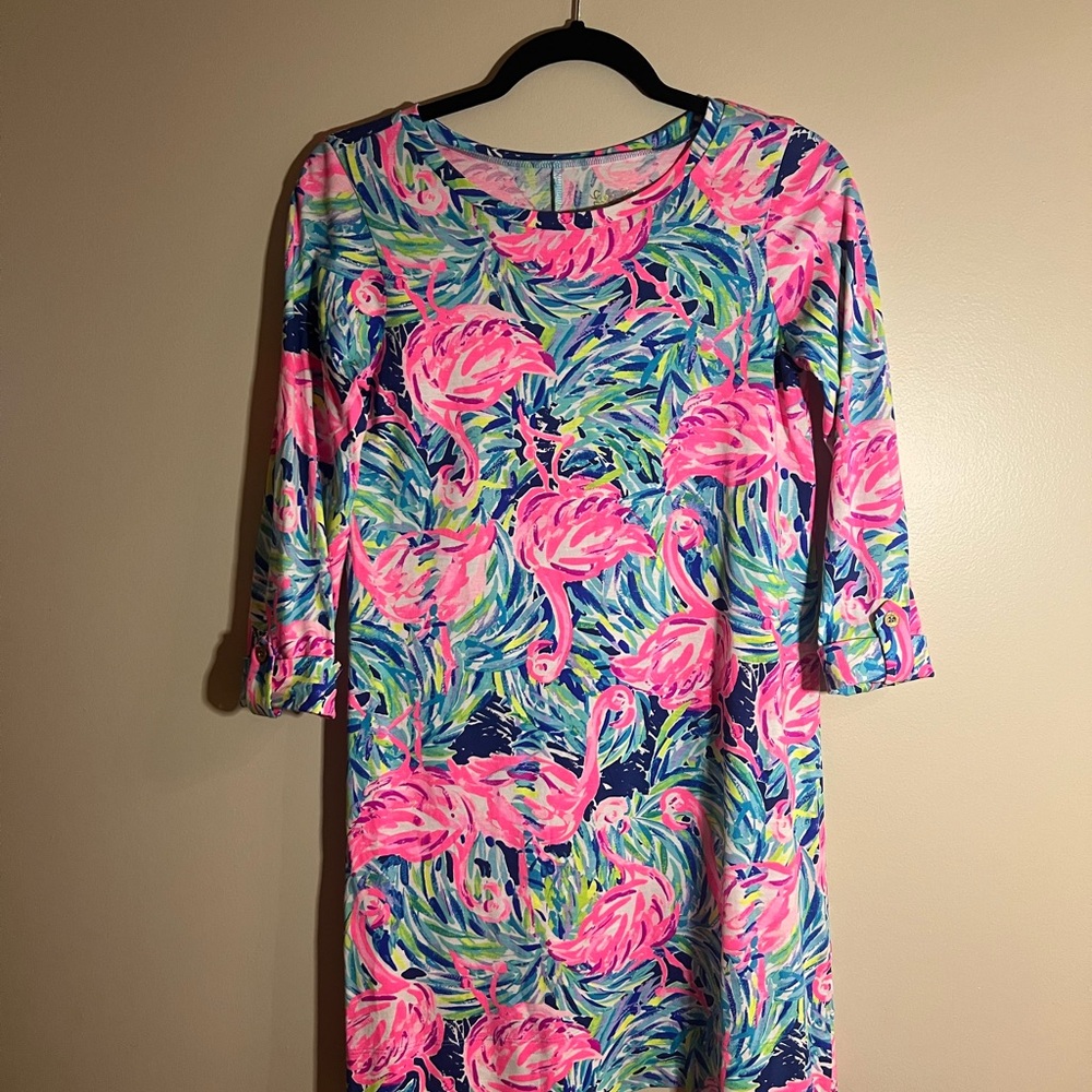 Lilly Pulitzer Pink and Blue Sheath Dress with Cuffed 3/4 Sleeves